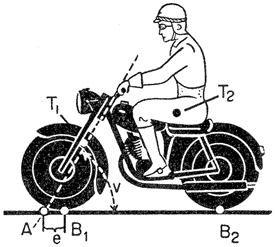 [ Motorcyklens styregeometri. V = styrevinkel, e = forhjulets efterløb ]